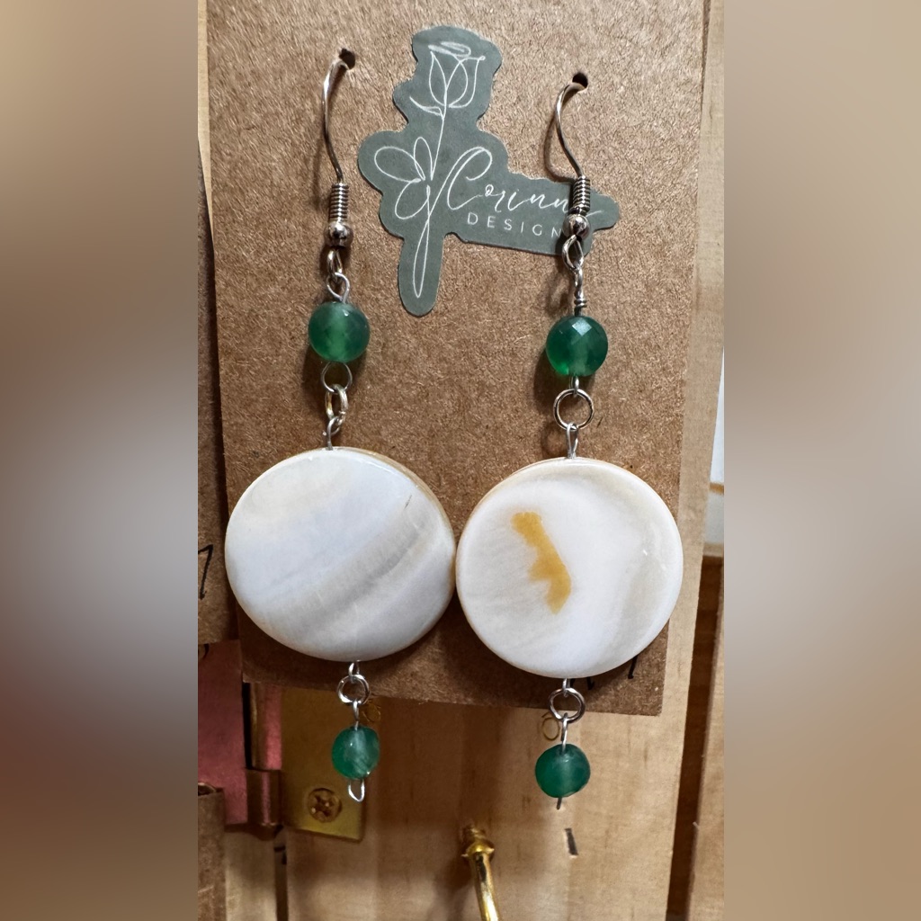 Elegant White And Green Earrings